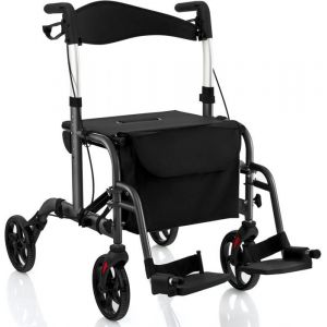 GOPLUS Déambulateurs- Fauteuil Roulant Pliable 2 en 1 Aide à la Marche en Aluminium avec 6 Hauteurs Réglables Repose-pieds Gris