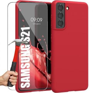 Coque Silicone - Samsung - Galaxy S21 - Rouge - 2 Verres Trempés - Protection Anti-Choc