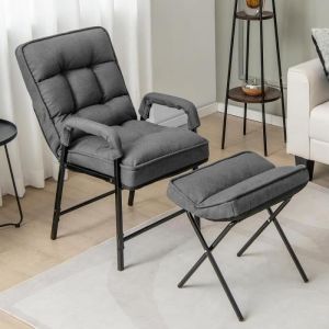 GIANTEX Fauteuil Relax avec Repose-Pied PliableDossier R&eacute;glable &agrave; 5 NiveauxFauteuil Rembourr&eacute; Moderne pour Salon-BureauGris
