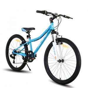 Hiland V&eacute;lo enfant 24 pouces d&eacute;railleur Shimano 7 vitesses VTT unisexe fourche suspendue freins V-Brake - Bleu
