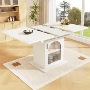 Table À Manger Télescopique 140x80x76cm Table À Manger Extensible Avec Étagères Convient Pour La Cuisine Et Le Salon Blanc