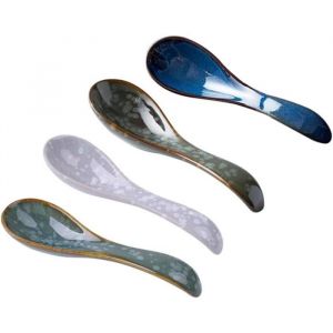 4 Pi&egrave;ces en C&eacute;ramique Cuill&egrave;res &Agrave; Soupe Louche Chinois Japonais Porcelaine Ramen Cuill&egrave;res de Riz Asiatique Vaisselle