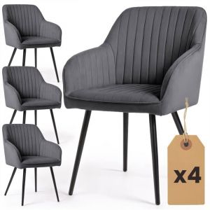 Lot de 4 Chaises en velours &agrave; surpiq&ucirc;res FLORENCE Anthracite pieds noirs