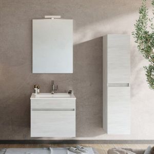 BOGOTA Meuble salle de bain suspendu simple vasque 1 tiroir couleur - Chêne clair Modèle - largeur 60 cm + miroir + colonne