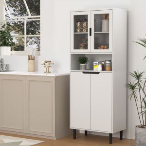 Biblioth&egrave;que haute avec porte en verre tremp&eacute; et plateau r&eacute;glable 4 portes armoire en MDF laqu&eacute; blanc rangement pour le salon