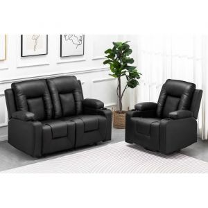 Fauteuil Relaxant Massant Chauffant Fauteuil de Relaxation Pivotant Inclinable pour Salon en Cuir Noir 2+1