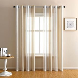 2 Rideaux Voilage Blanc et Beige 140x245cm Œillets - Rayures Tamisantes Polyester Texturé (55x57 Salon/Chambre)
