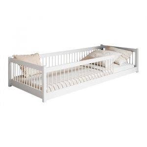 Lit au sol enfant 90x200 cm - Avec matelas - Lit pour enfant Montessori - En pin massif -  Blanc
