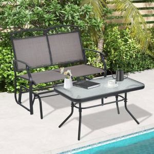 GOPLUS Salon de Jardin 2 Pièces-Chaises à Bascule 2 Place avec Table Basse en Verre Trempé-Cadre Métallique-pour Terrasse/Piscine