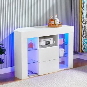 Meuble TV dangle Moderne à LED Lumière9 Compartiments 100x40x68CM Buffet Bas Rangement Salon Blanc Haut Brillant
