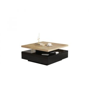 Table basse pivotante 360&deg; 70 x 70 x 36 cm plateau tournant avec tiroir panneau de particules noyer/ noir laqu&eacute;