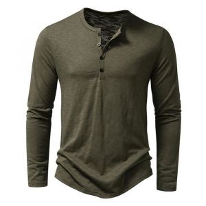 T-shirt Henley Homme &Agrave; Manches Longues - INSFITY - Regular Fit - Vert Militaire