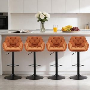 Tabouret de Bar -&nbsp;Lot de 4 Velours - R&eacute;glable en Hauteur - Pivotant avec Dossier et Accoudoirs - AINPECCA (Orange)