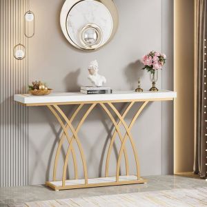 Tribesigns Table Console dorée de 140 cm Table dentrée Moderne avec Pieds en métal doré en Forme de Double C Blanc et doré