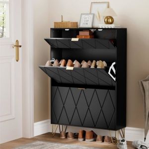 GOOBUY Armoire à Chaussure Inclinable Meuble à Chaussures pour 16 Paires 3 Compartiments (80 x 24 x 120 cm Noir)