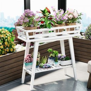Porte Plantes Int&eacute;rieure Bois - Grande &Eacute;tag&egrave;re Plante - Support Pot de Fleur avec 2 &Eacute;tag&egrave;res - pour Terrasse Balcon Maison Jardin