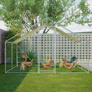 Grand Poulailler 3x4m - Voli&egrave;re dext&eacute;rieur en m&eacute;tal avec toit &eacute;tanche et porte verrouillable - Enclos s&eacute;curis&eacute; pour volailles