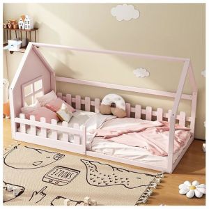 Lit Cabane Enfant 90x200cm avec BarriereLit au Sol Enfant avec T&ecirc;te Design UniqueCadre de lit denfant en Bois(sans Matelas)Rose