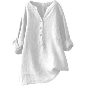 Chemise Femme Lin Chemisier Coton Et Lin pour Femmes Col en V Bouton Manches Longues Tops
