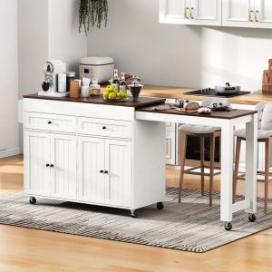 Buffet bas 112-180.5&times;45&times;92.2 cm avec coin repas extensible Buffet de cuisine avec tiroirs Buffet salle a manger en blanc