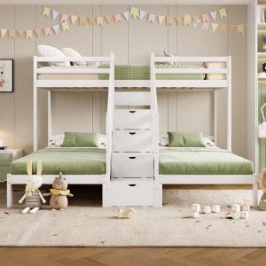 Lit superpos&eacute; 90 x 200cm Lit enfants Lit adolescent Lit triple en bois avec tiroirs garde-corps certifi&eacute; en 747 - blanc