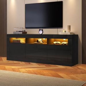 Meuble TV Salon Noir Haut Brillant 160x35x60cmLaqu&eacute;&Eacute;clairage LED2 Portes 2 Tiroirs3 Compartiments OuvertsBuffet Bas  MEUBLE TV