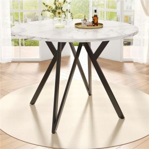 Table Ronde Salle Manger Blanche Effet Marbre pour 2 &agrave; 4 Personnes Table a Manger Ronde 100 cm Scandinave avec Pied en M&eacute;tal Noir