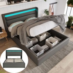 Lit coffre double 160x200cm, pour adulte en simili cuir, avec LED, Coffre de rangement, Sommier à lattes inclus, Contemporain, Gris