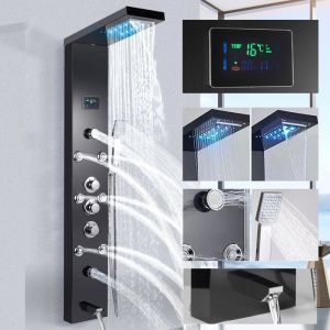 Colonne de Douche Hydromassante - Acier Inoxydable - 5 Fonctions - Panneau de Douche Thermostatique - Lumière LED - avec Douchette