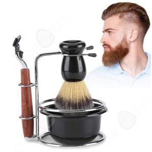beaut&eacute; - bien-&ecirc;tre PAS Brosse &agrave; barbe 4 en 1 Bol de rasage avec blaireau bol &agrave; savon et support Coffret cadeau pour homme Rasoir