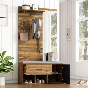 Vestiaire DEntrée 104×39×190cm - OKWISH - Avec Miroir Banc Armoire à Chaussures Tiroir Et Patère - Couleur De Chêne