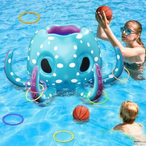 80Cm Jouets De Piscine Gonflables En Forme De Pieuvre2 En 1 Panier De Basket Gonflable Et Jeu De Lancer DAnneaux-Jeus Aquatique