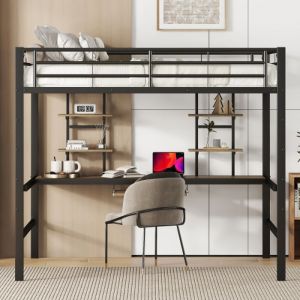 MODFU Lit mezzanine enfant en métal 140x200 cm avec bureau et 2 étagères rangements lit mezzanine ados noir