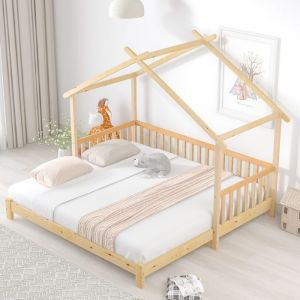 Lit Cabane ExtensibleLit Enfant - en Bois Massif - avec Barrière - 90*200 cm/180*200 cm- couleur bois naturel