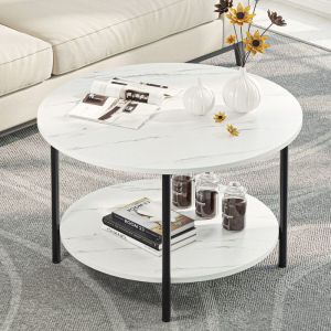 YITAHOME Table Basse Ronde à 2 Niveaux Table Basse Industrielle Plateau Circulaire en Bois Rustique Blanc 80 x 80 x 50 cm