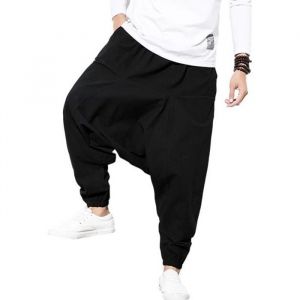 Sarouel Hommes en Coton Lin - MISSMAO - Imprimé Ethnique - Taille Élastique - Noir a