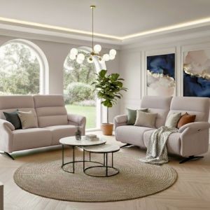 Ensemble canap&eacute; relax &eacute;lectrique 3 places + canap&eacute; fixe 2 places tissu maill&eacute; beige - LAMA