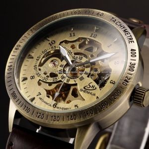 RéTro Bo?Tier En Acier De Bronze Auto Marque De Luxe Masculins Hommes Steampunk MéCanique Cuir Squelette Bracelet Horloge De Montre-