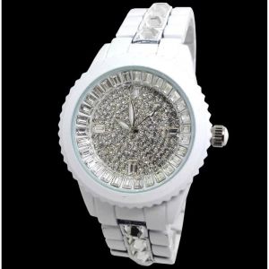 MONTRE FEMME DIAMANT ACIER BIJOUX EFFET CERAMIQUE LUXE BLANC QUARTZ ID&Eacute;E CADEAU
