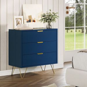 Table de Chevet avec 3 TiroirsTables de Nuit avec Poign&eacute;e en m&eacute;tal et  PiedsChevet de Lit pour ChambreBleu60x40x70cm