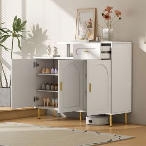 Armoire &agrave; chaussures avec poign&eacute;es en m&eacute;tal Buffet Commode 3 portes et 1 tiroir Pieds m&eacute;talliques Blanc 120&times;92&times;35 cm