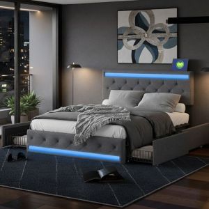 Lit Double Capitonn&eacute; 140x190 cm Lits 2 Personnes avec LED et Port USB Lit adulte avec Sommier &agrave; Lattes et T&ecirc;te de Lit Lin Gris