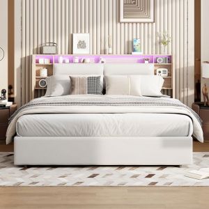 Lit 140x190 cm avec LED Lit Coffre 140x190 cm avec Rangement et Tete de Lit Lit 2 Personne Lit Double en PU Blanc Lit Capitonné