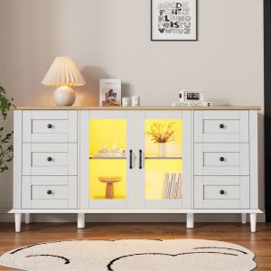 Buffet de salon LED 150 x 40 x 75 cm avec 6 tiroirs et 2 portes en acrylique Commode blanc Design &eacute;l&eacute;gant pieds en bois massif