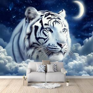 3D Panoramique Papier Peint 300 x 210 cm Papier Peint Intiss&eacute; Fantaisie Tigre Blanc La Nuit Motif Photo Mural Bleu Fonc&eacute;