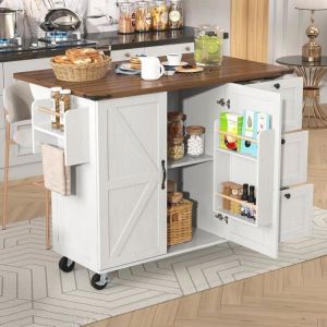 Chariot de Cuisine Mobile sur Roulettes - Plan de Travail ExtensibleÎlot Avec 2 Portes et 3 Tiroirs - 140 x 45 (73) x 925