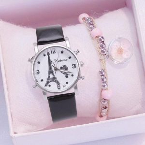 Coffret Cadeau Montre Fille Ado Enfant - La Tour Eiffel Montre &agrave; quartz Bracelet Gris - Cadeau Femme