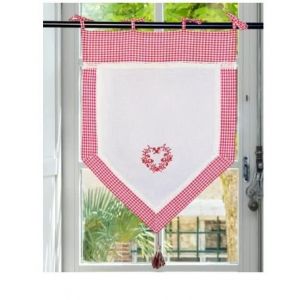 Autrefois Rideau enrouleur et brise bise 45 x 120 cm Rouge Vichy Lin brodé Voilage Broderie Style Charme Petit Rideau Fin