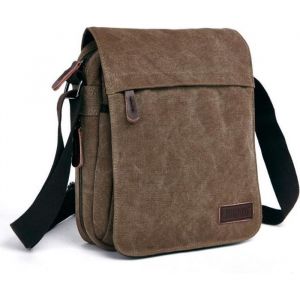 Sacoche Homme Sac Bandoulière Toile Couleur Unie 30 x 22 x 65 cm Café