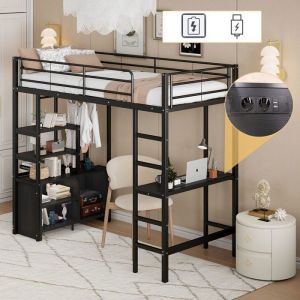 Lit mezzanine 90x200 cm avec bureau lit mezzanine avec prises et USB meuble de rangement ouvert noir sans matelas